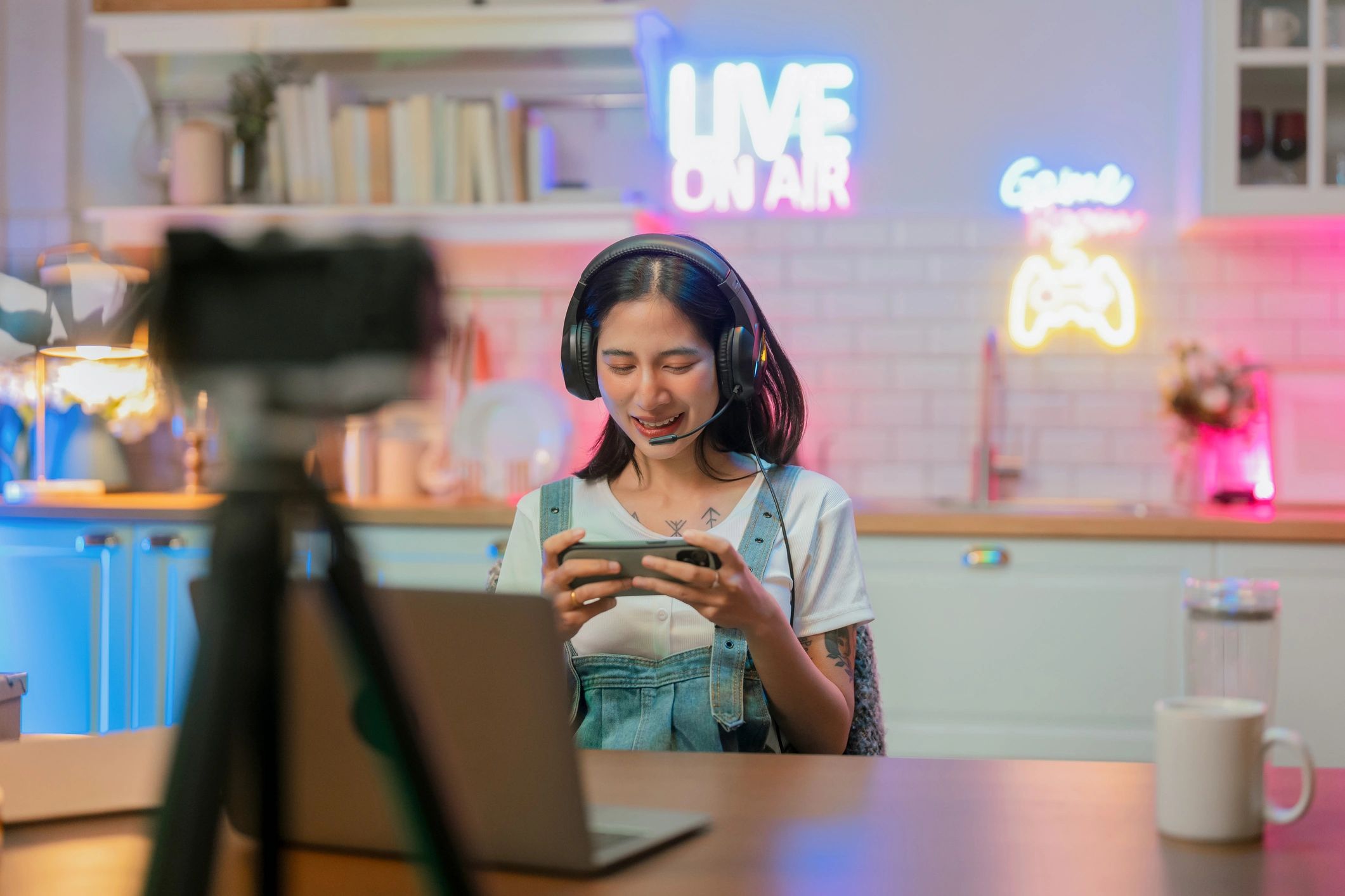 Content creator working at a video streaming desk